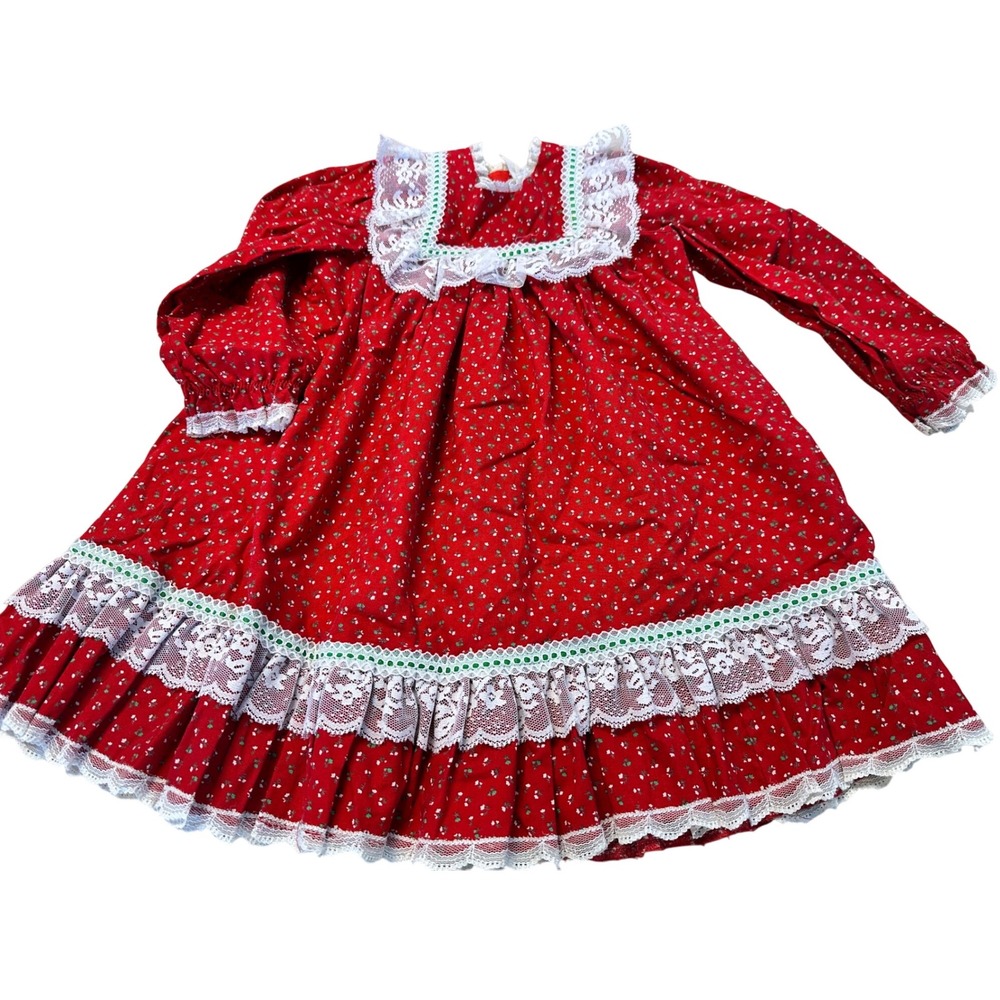 Vintage Girls Red Floral‎ Dress Lace Prairiecore Cottagecore Party Dress Size 4